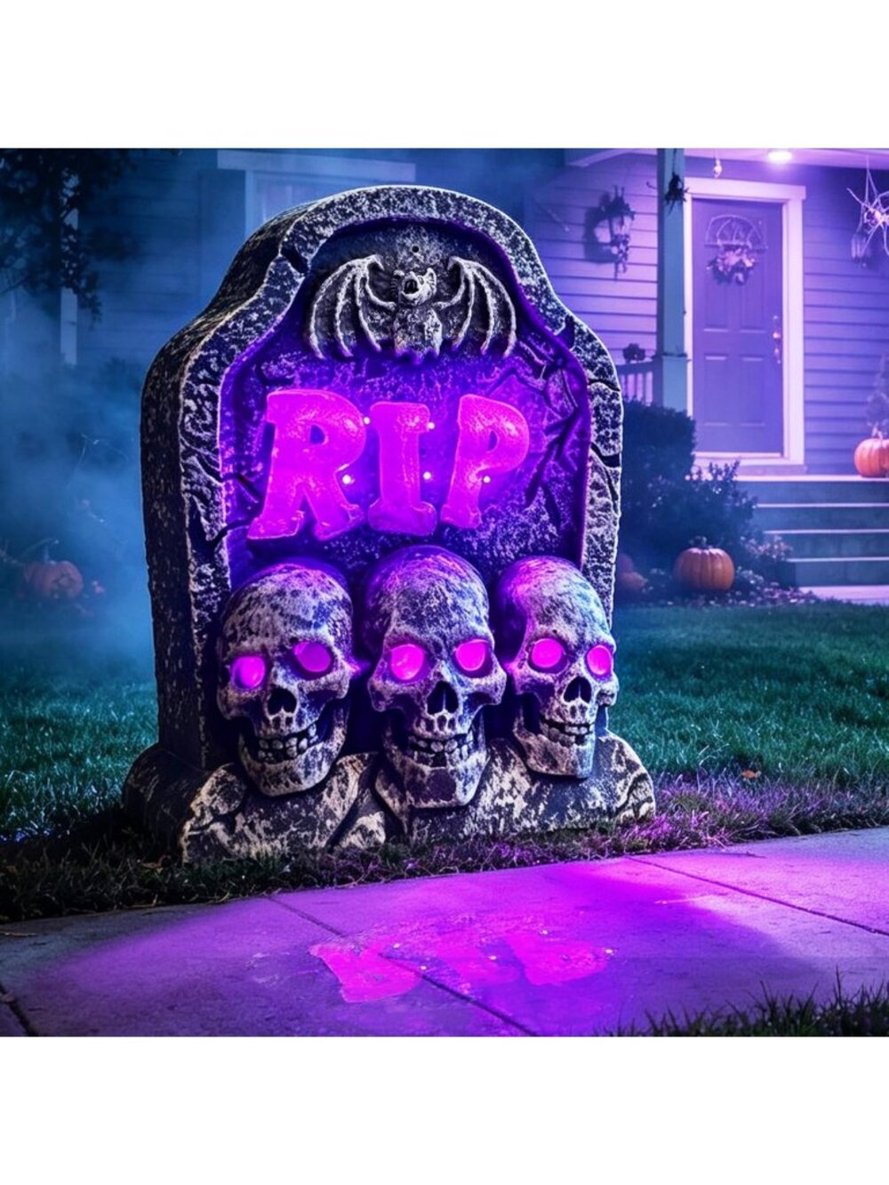Light Up Halloween Tombstone with 3 Skulls, Flashing Purple RIP Sign & Spooky